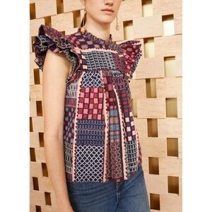 Ulla Johnson Ruffle Cotton Flutter-Sleeve Patchwork Nanna Top